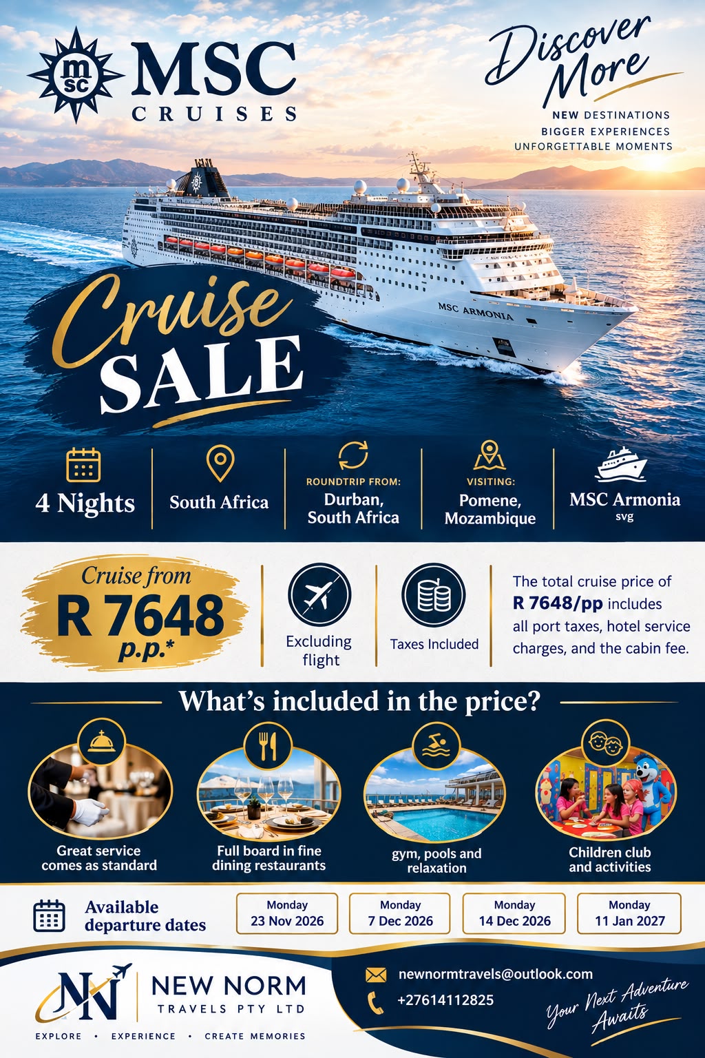 MSC Armonia cruise sale, 4 nights from Durban to Pomene, Mozambique