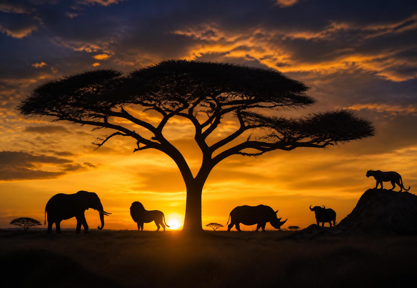 Acacia tree with Big Five silhouettes at African sunset
