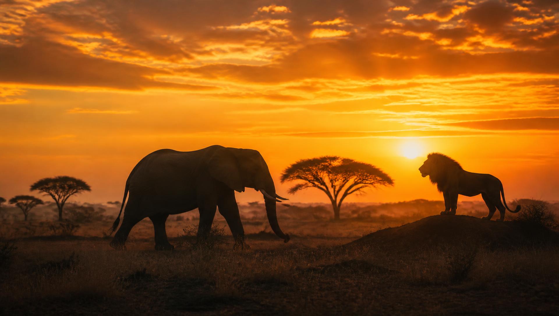 Big Five safari silhouettes on the African savanna